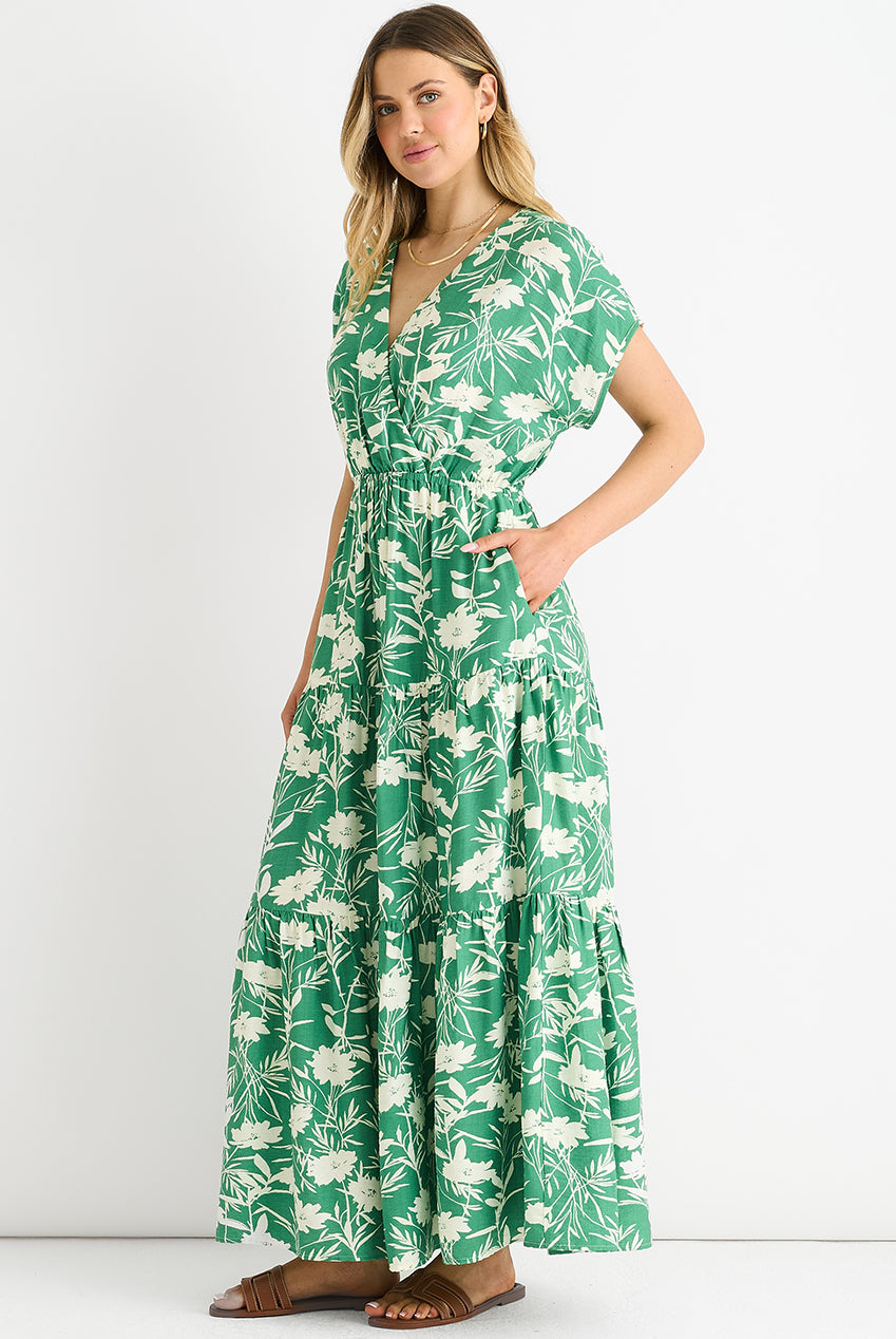 Green Floral Elastic Waist Maxi Dress GL1245