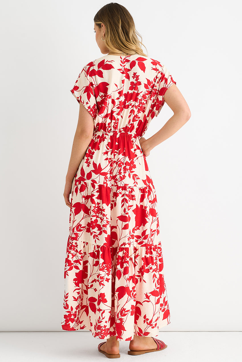 Red Floral Elastic Waist Maxi Dress GL1245