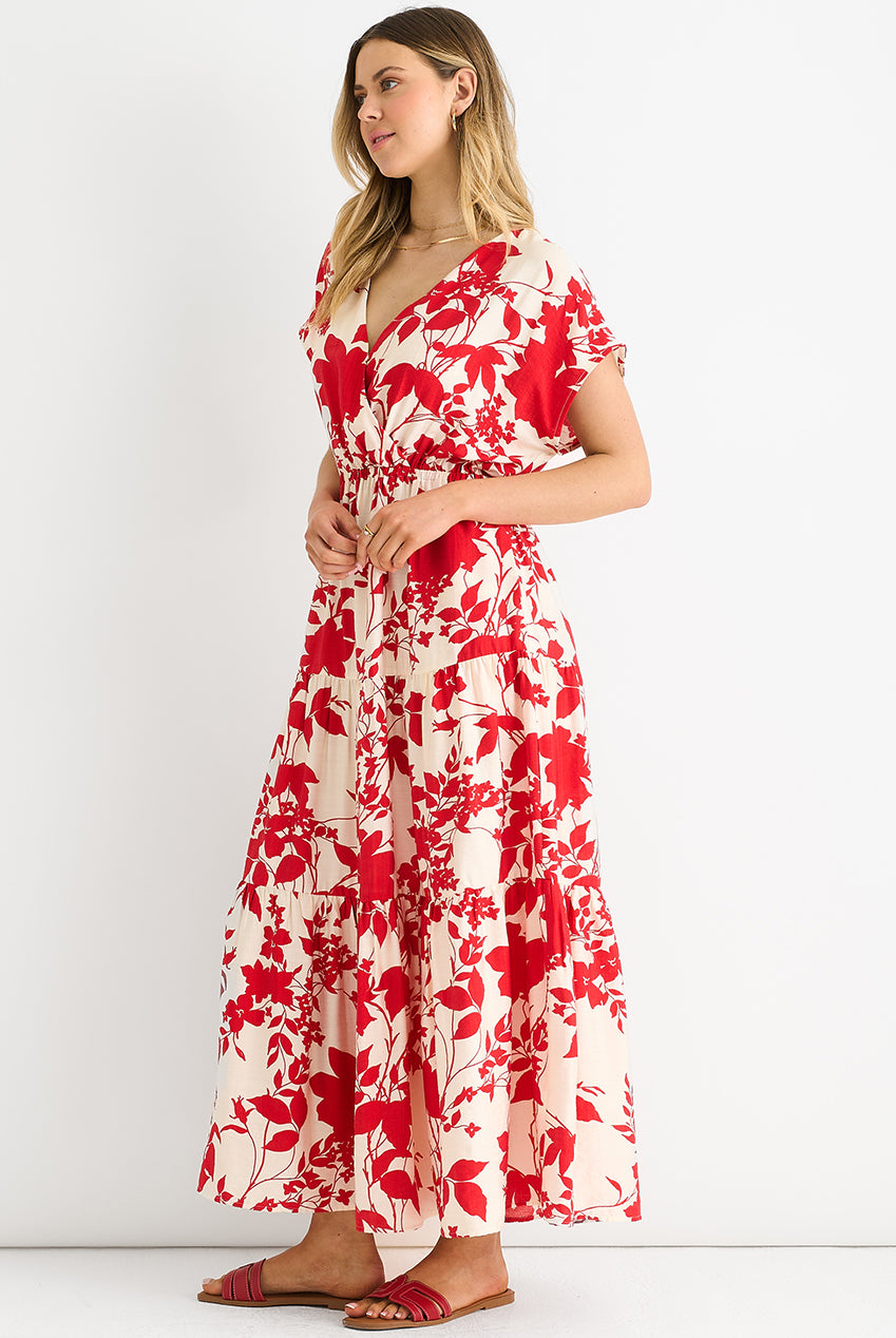 Red Floral Elastic Waist Maxi Dress GL1245