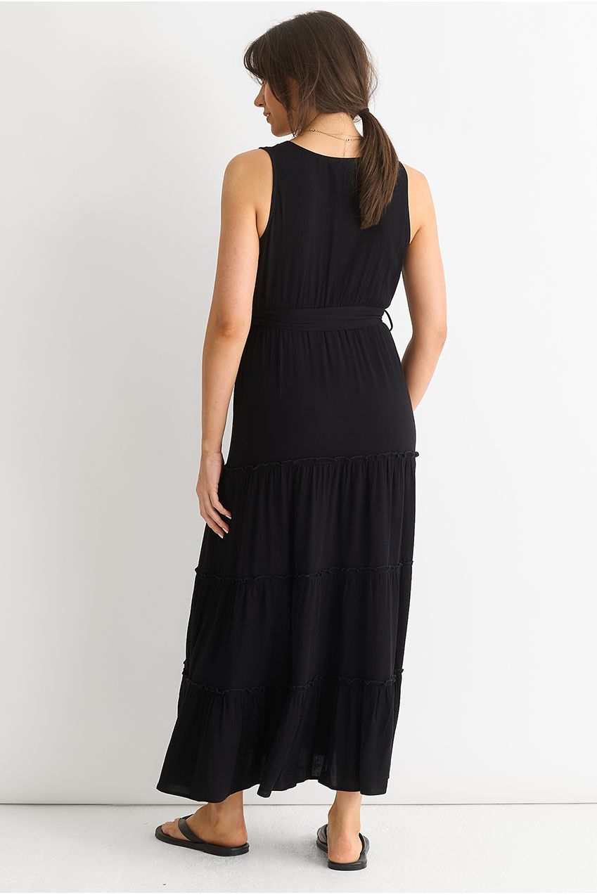 Black Viscose Wrap Tiered Maxi Dress GL1247