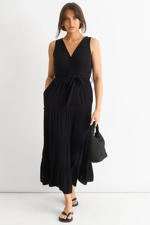 Black Viscose Wrap Tiered Maxi Dress by Gini London