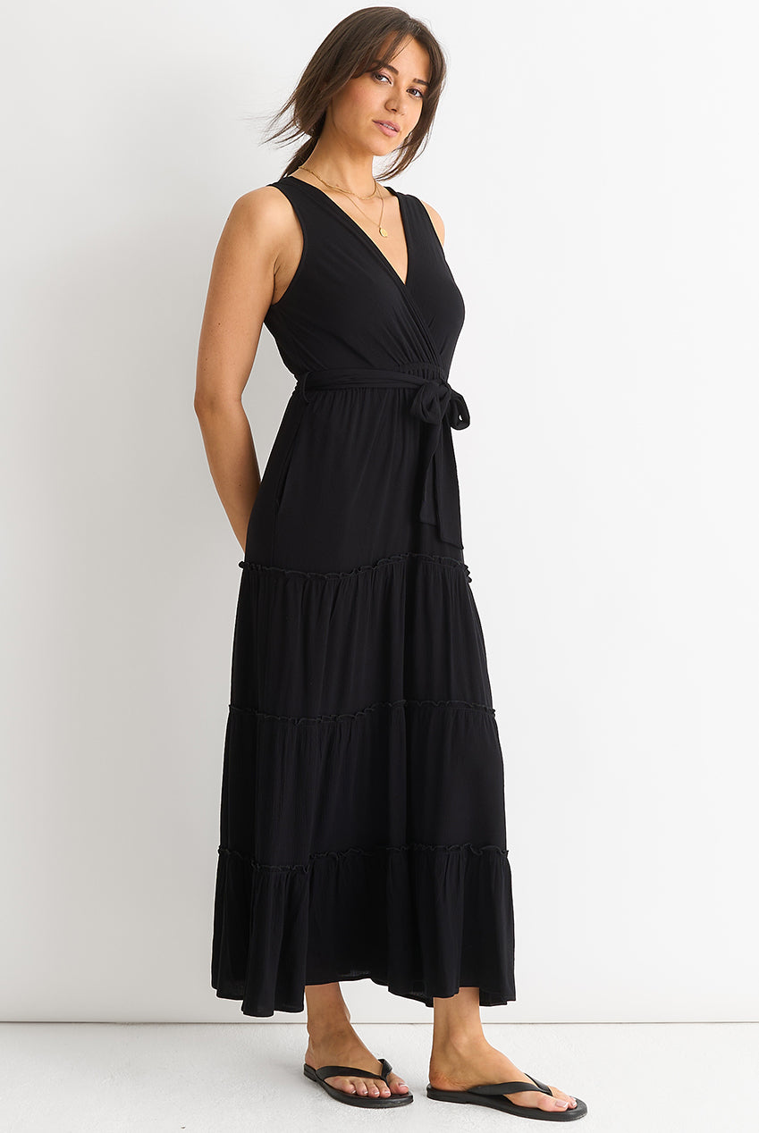 Black Viscose Wrap Tiered Maxi Dress GL1247