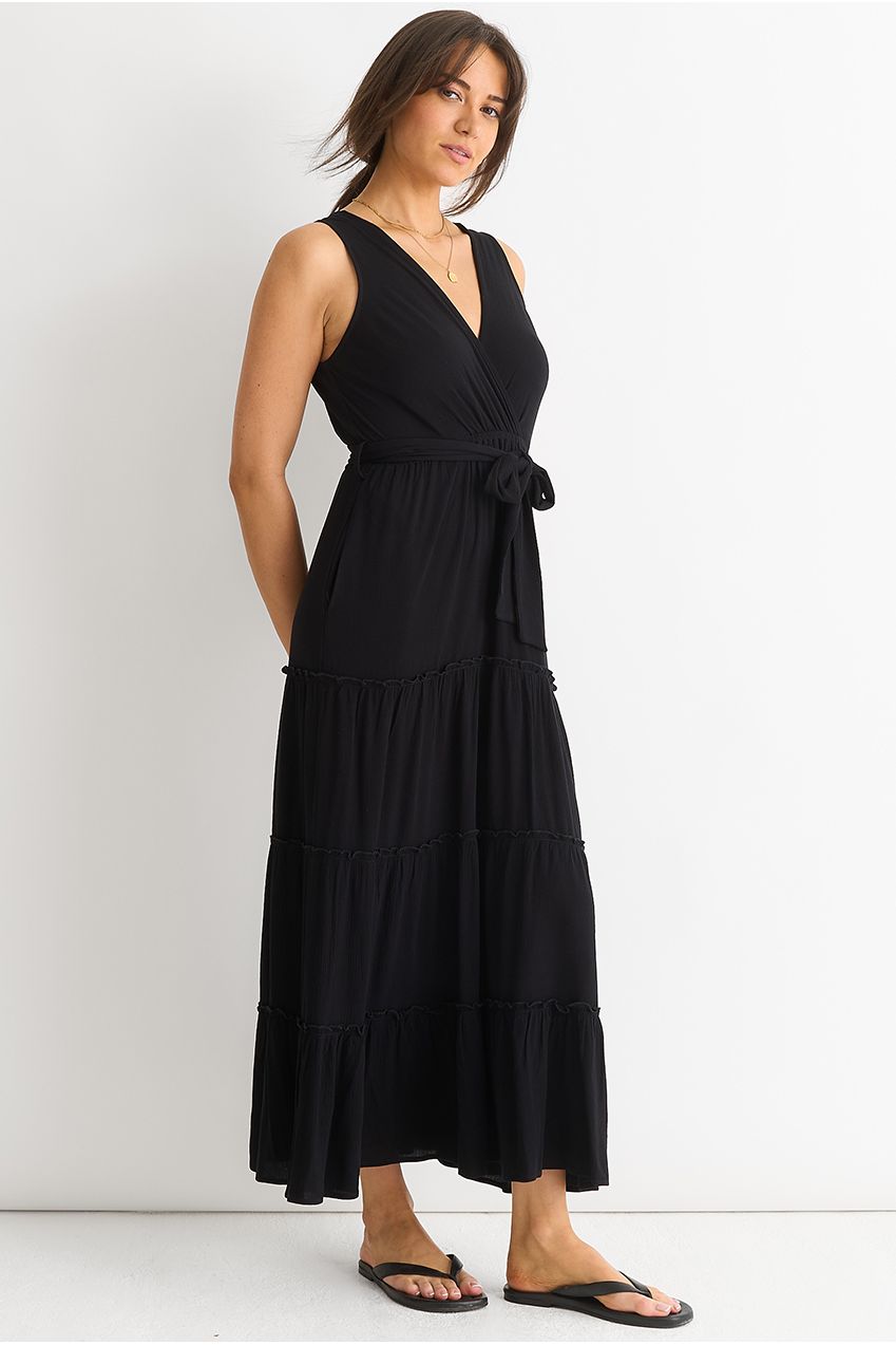 Black Viscose Wrap Tiered Maxi Dress GL1247