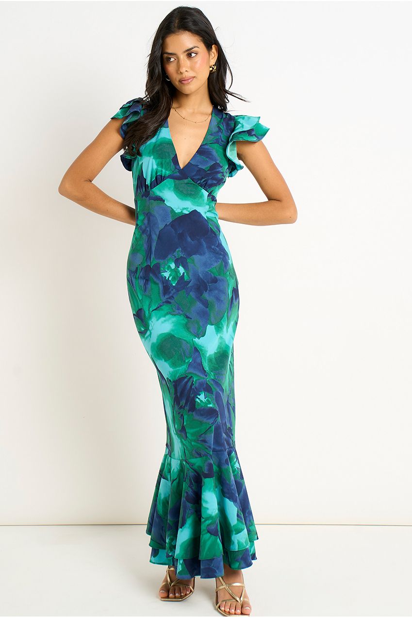 Green Watercolour Floral Maxi Dress GL1249N