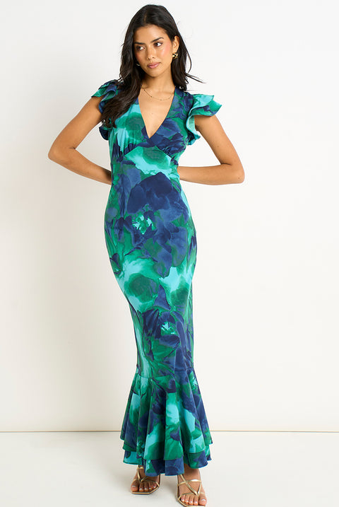 Green Watercolour Floral Maxi Dress by Gini London