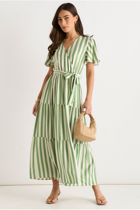 Sage Green Stripe Wrap Belted Viscose Midi Dress by Gini London