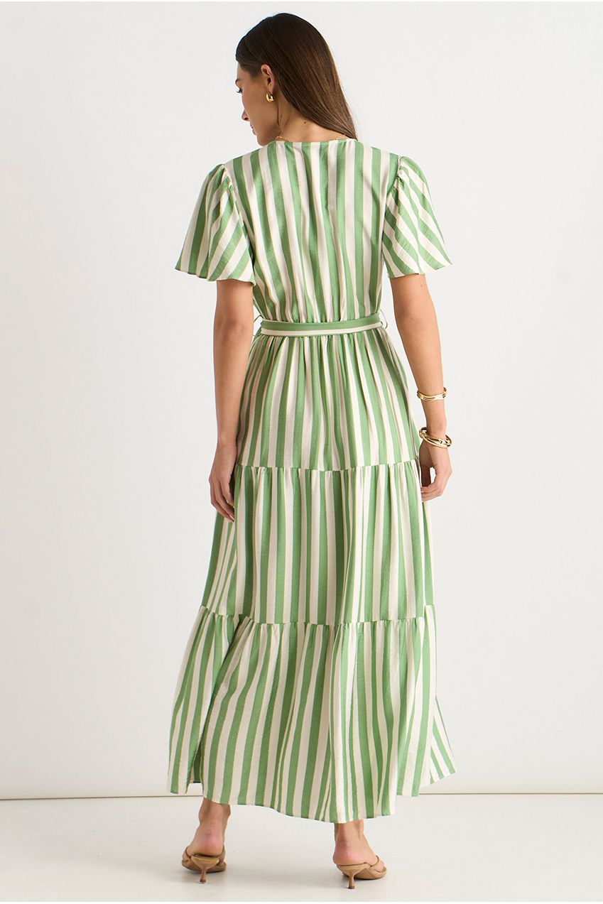 Sage Green Stripe Wrap Belted Viscose Midi Dress GL1252N