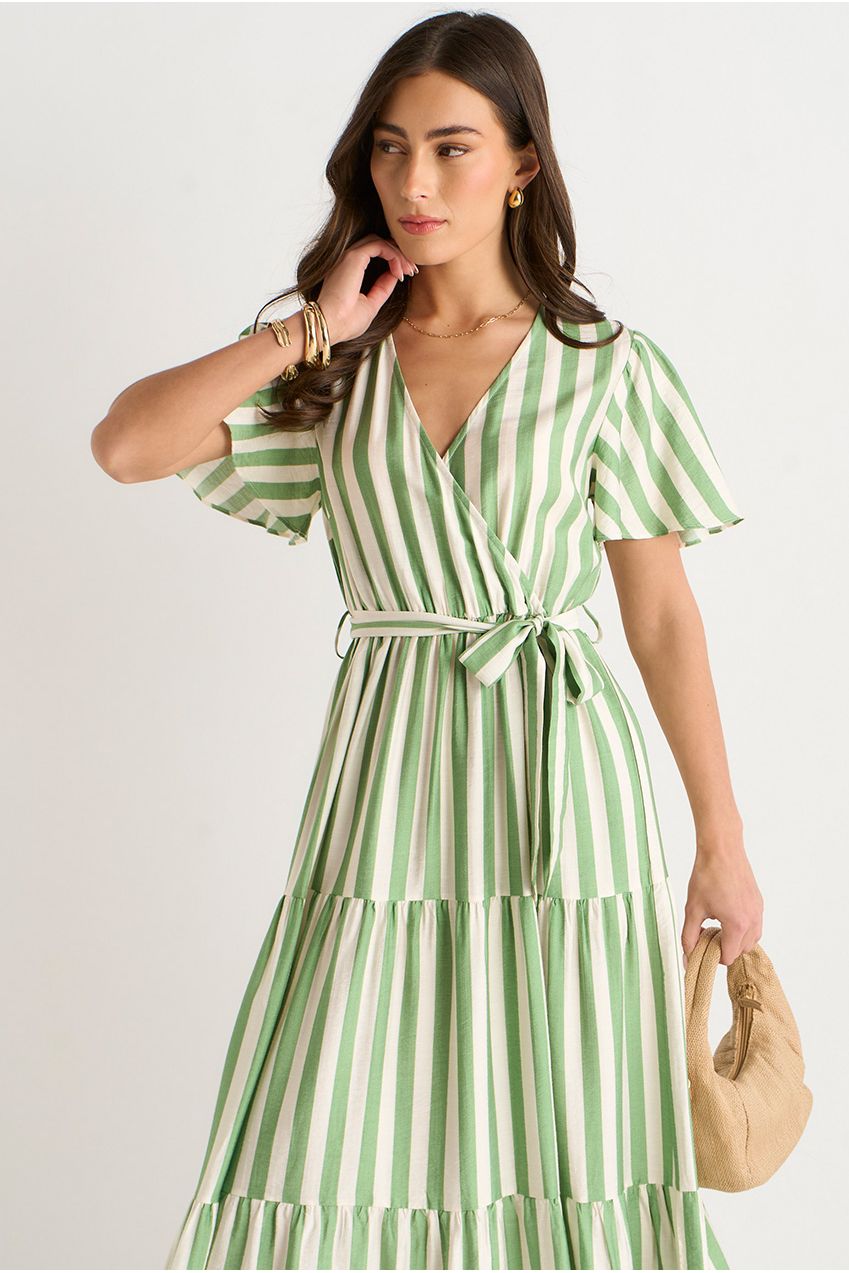 Sage Green Stripe Wrap Belted Viscose Midi Dress GL1252N