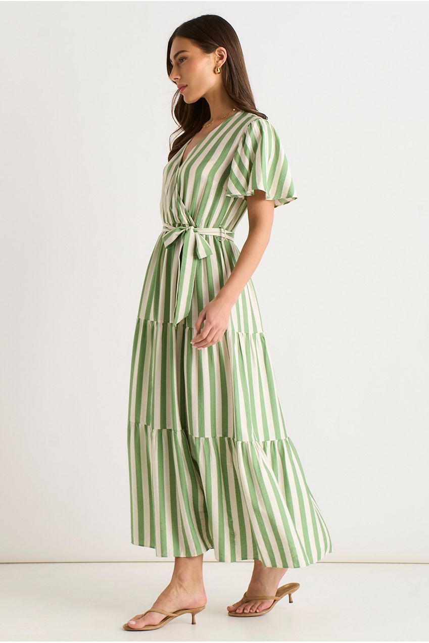 Sage Green Stripe Wrap Belted Viscose Midi Dress GL1252N