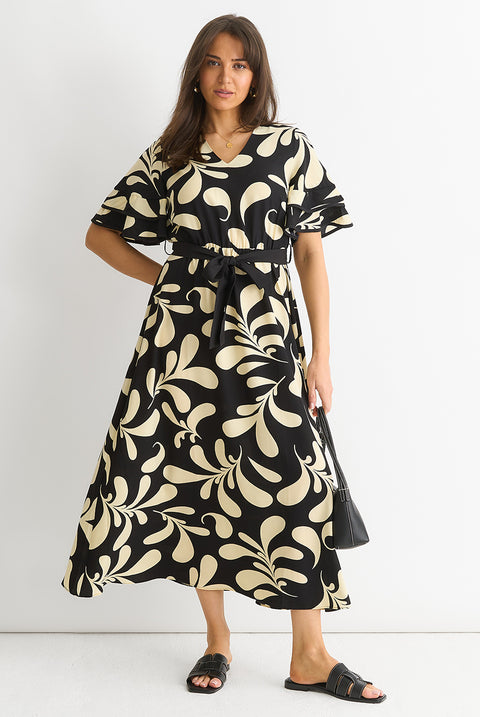 Floral V Neck Elasticated Waist Midi Dress by Gini London