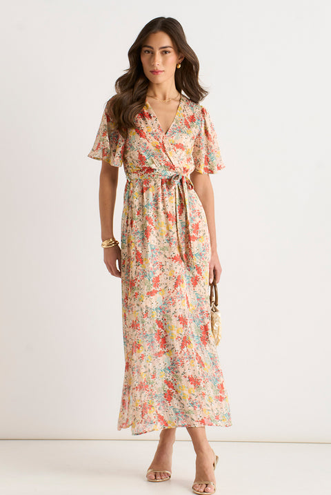 Multi Floral Jacquard Chiffon Midi Dress by Gini London