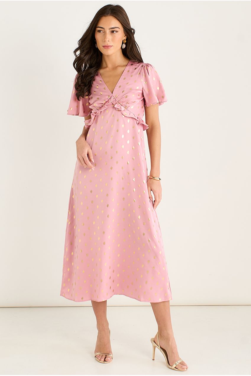 Blush Metallic Foil V Neck Midi Dress GL1299