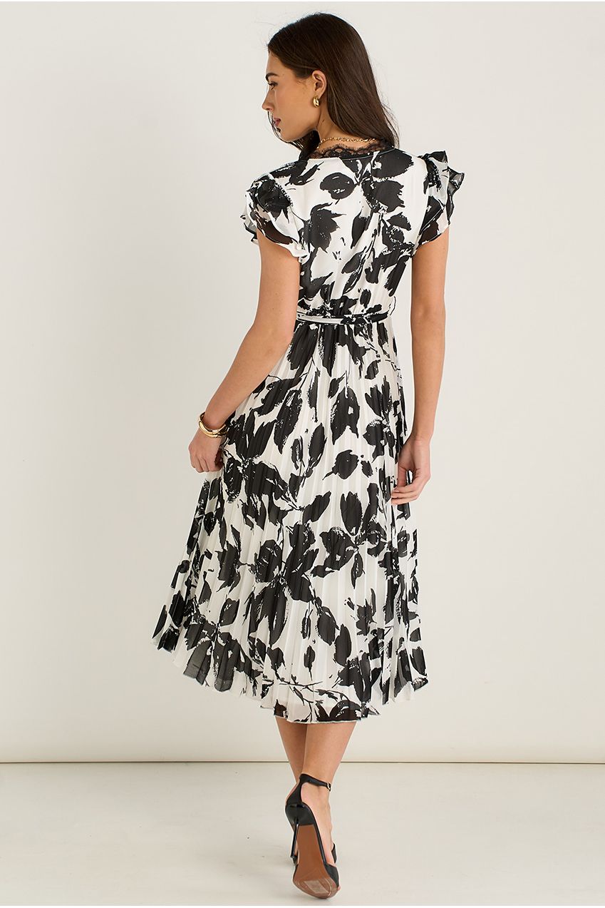 Lace Trim Mono Pleated Wrap Midi Dress GL1300