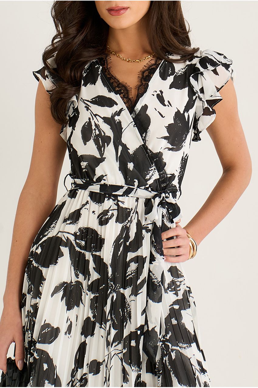 Lace Trim Mono Pleated Wrap Midi Dress GL1300