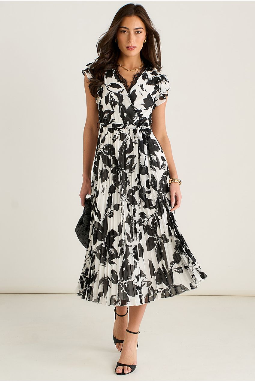 Lace Trim Mono Pleated Wrap Midi Dress GL1300