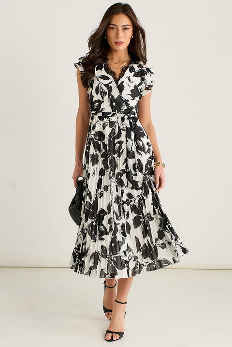 Lace Trim Mono Pleated Wrap Midi Dress by Gini London