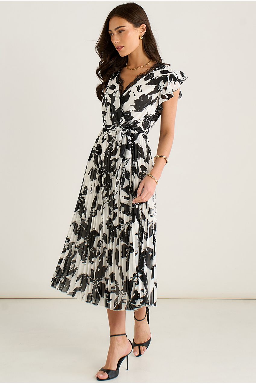 Lace Trim Mono Pleated Wrap Midi Dress GL1300