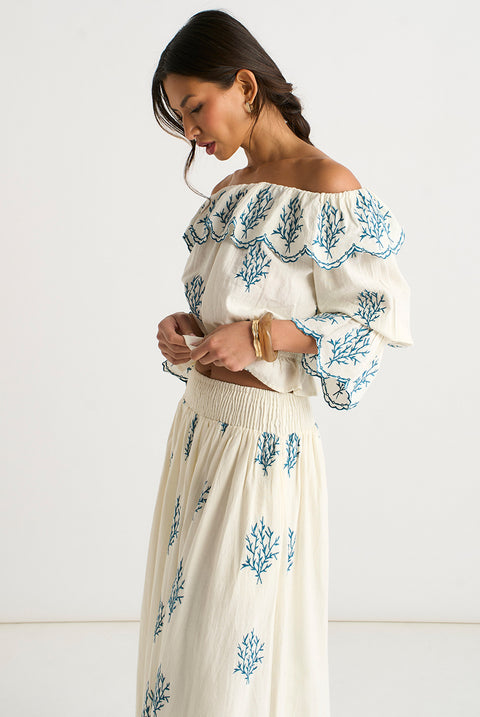 Marshmallow Cotton Embroidered Bardot Top by Gini London