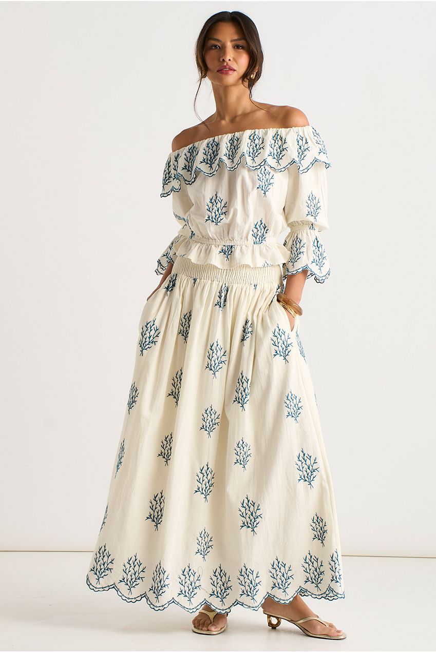 Marshmallow Cotton Embroidered Skater Maxi Skirt GL1347