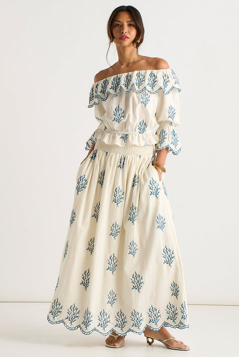 Marshmallow Cotton Embroidered Skater Maxi Skirt by Gini London