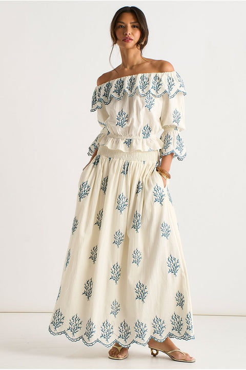 Marshmallow Cotton Embroidered Skater Maxi Skirt by Gini London