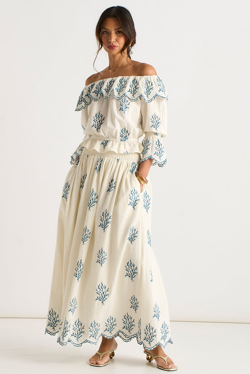 Marshmallow Cotton Embroidered Skater Maxi Skirt GL1347