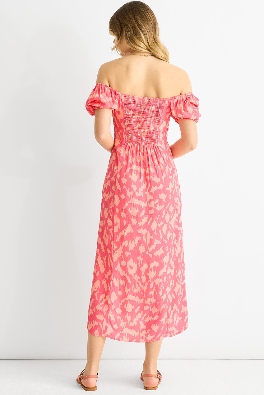 Pink Animal Print Square Neck Viscose Midi Dress GL1363