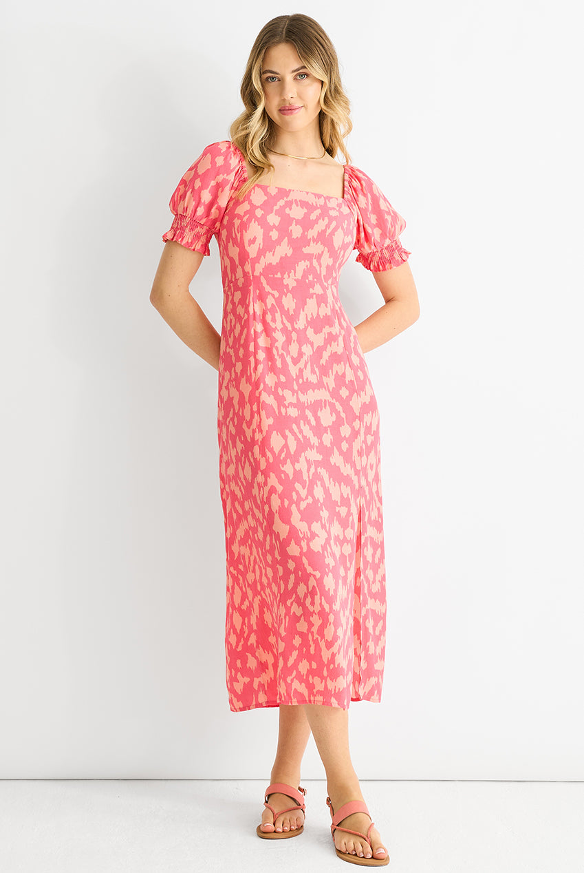 Pink Animal Print Square Neck Viscose Midi Dress GL1363