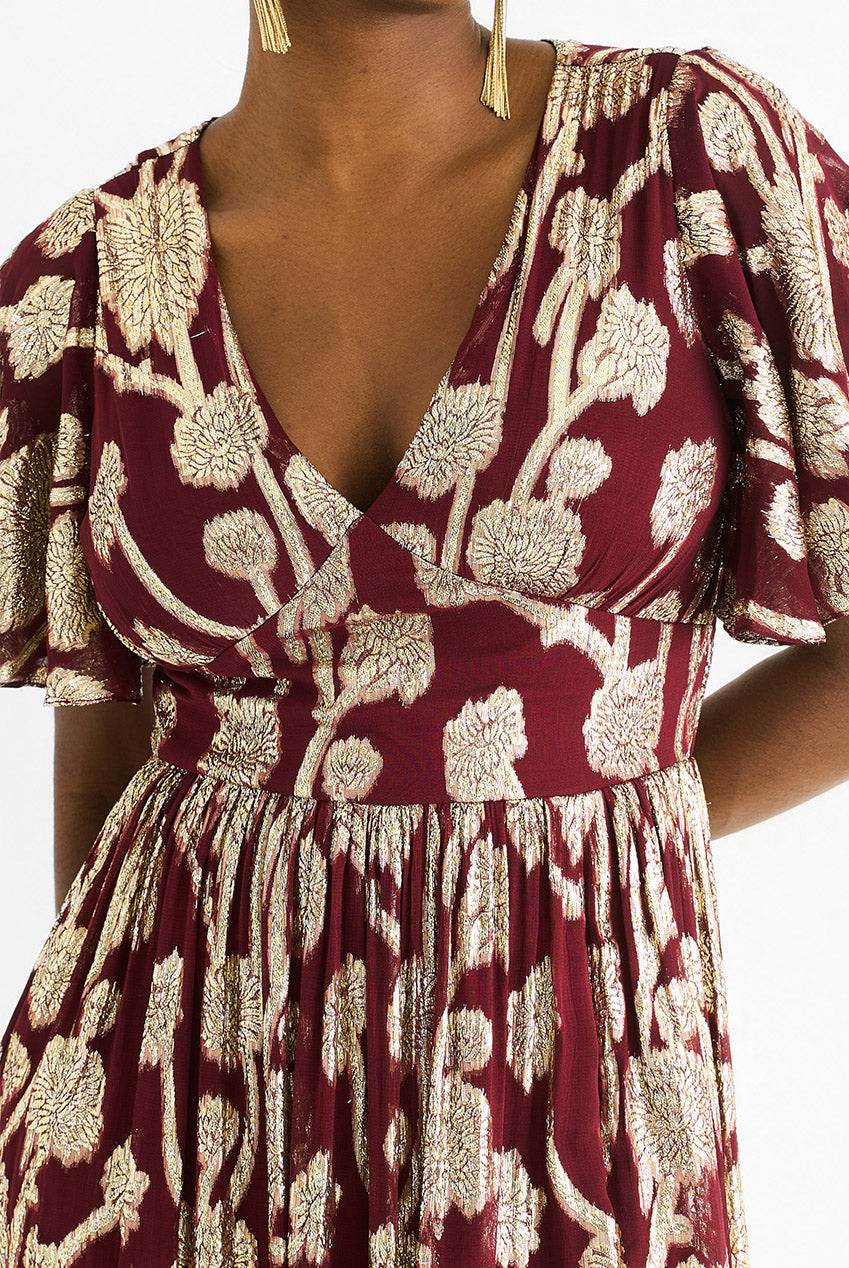 Burgundy Metallic Jacquard Flutter Sleeves Floral Maxi Dress GL1365