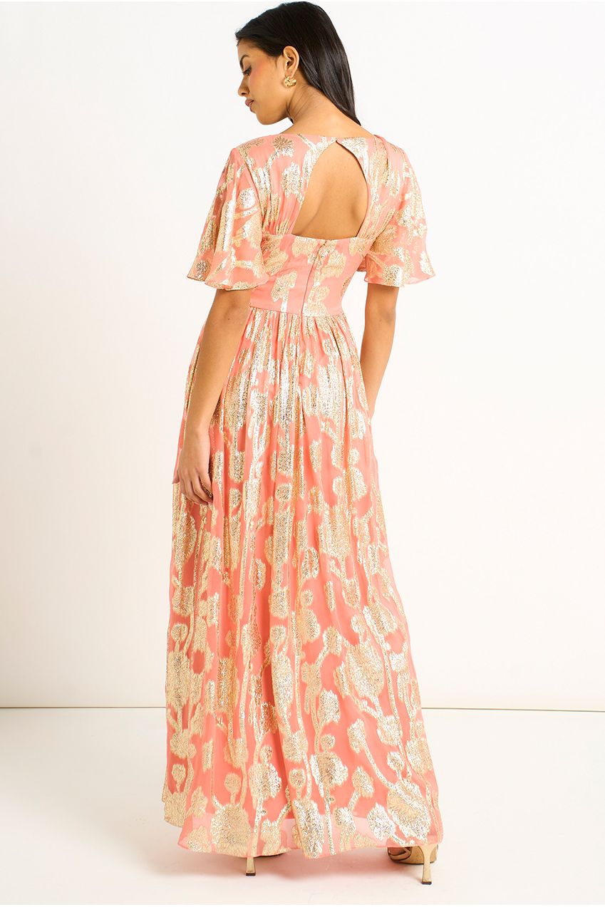 Pink Metallic Jacquard Flutter Sleeves Floral Maxi Dress GL1365