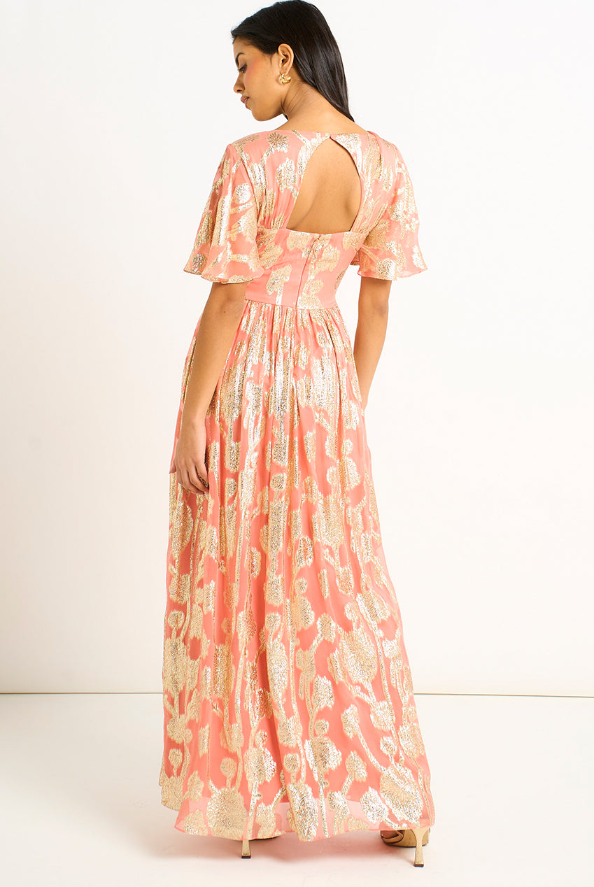 Pink Metallic Jacquard Flutter Sleeves Floral Maxi Dress GL1365
