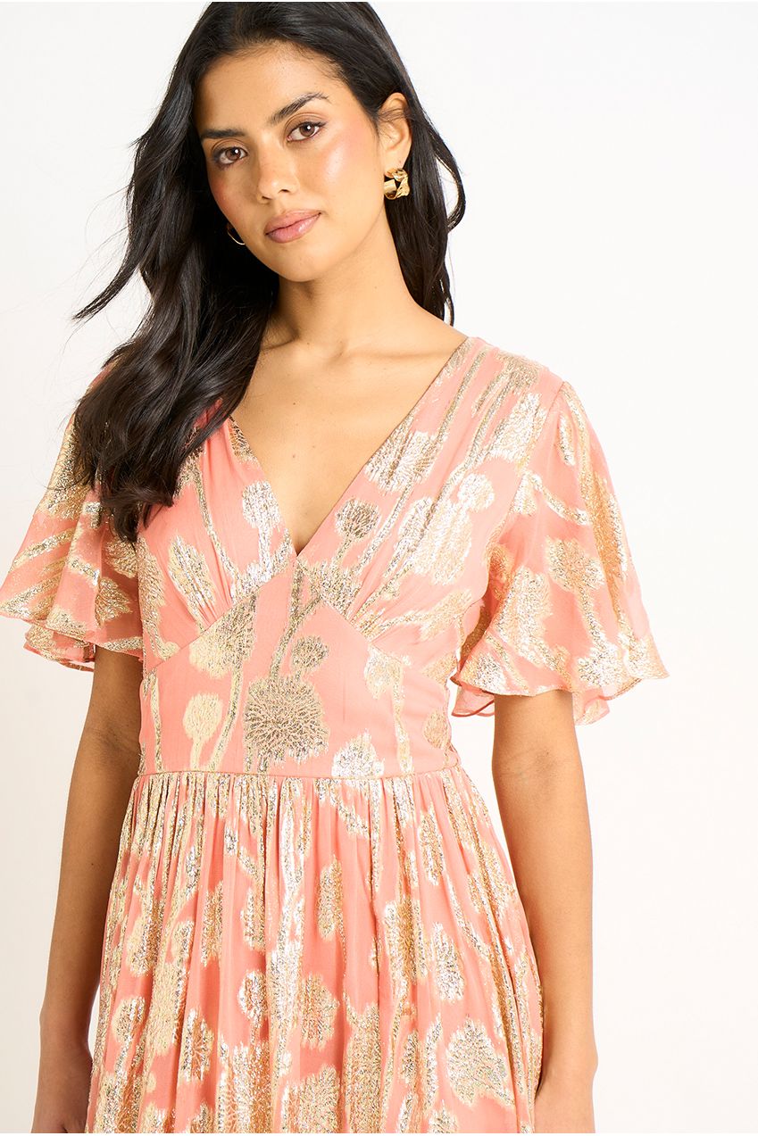 Pink Metallic Jacquard Flutter Sleeves Floral Maxi Dress GL1365