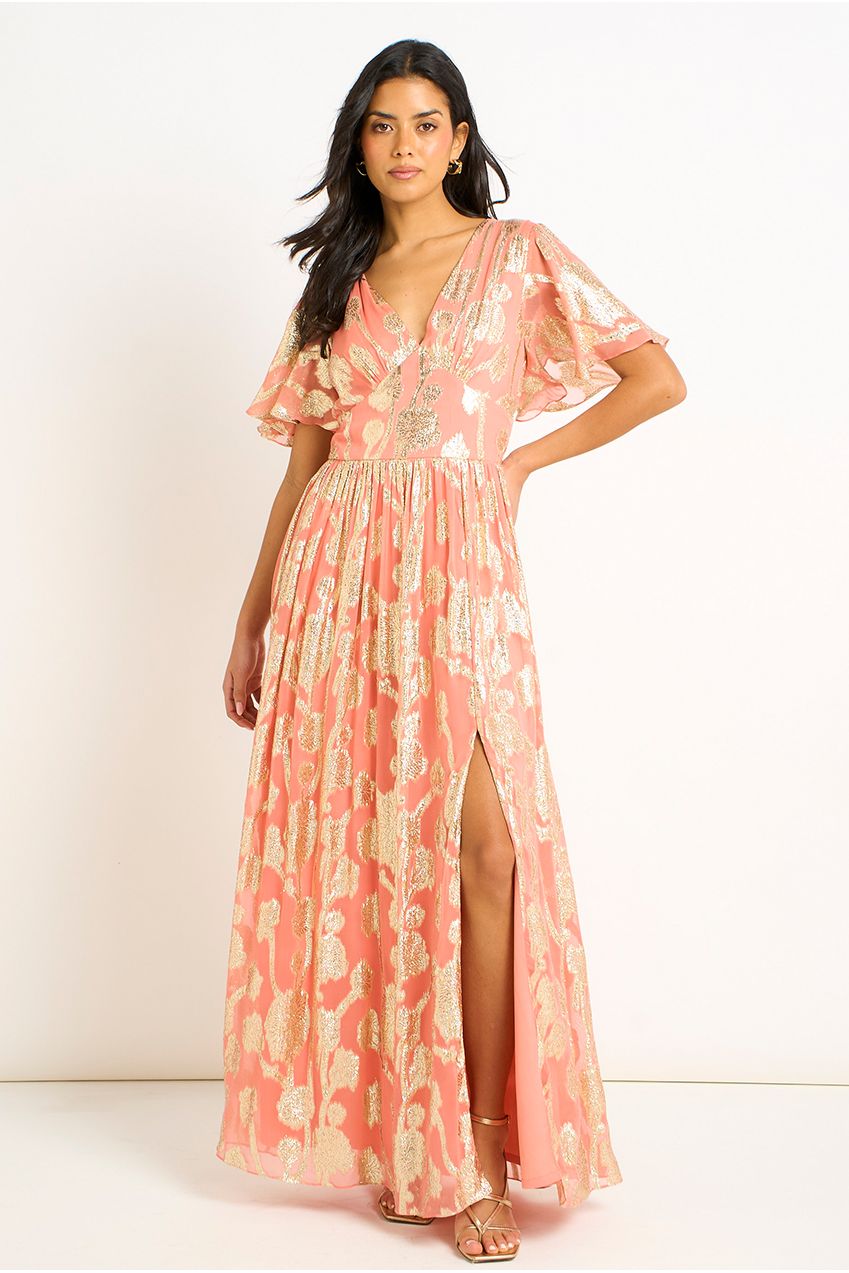 Pink Metallic Jacquard Flutter Sleeves Floral Maxi Dress GL1365