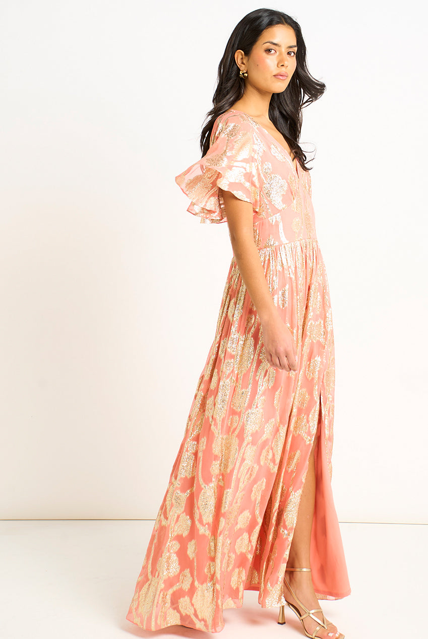 Pink Metallic Jacquard Flutter Sleeves Floral Maxi Dress GL1365