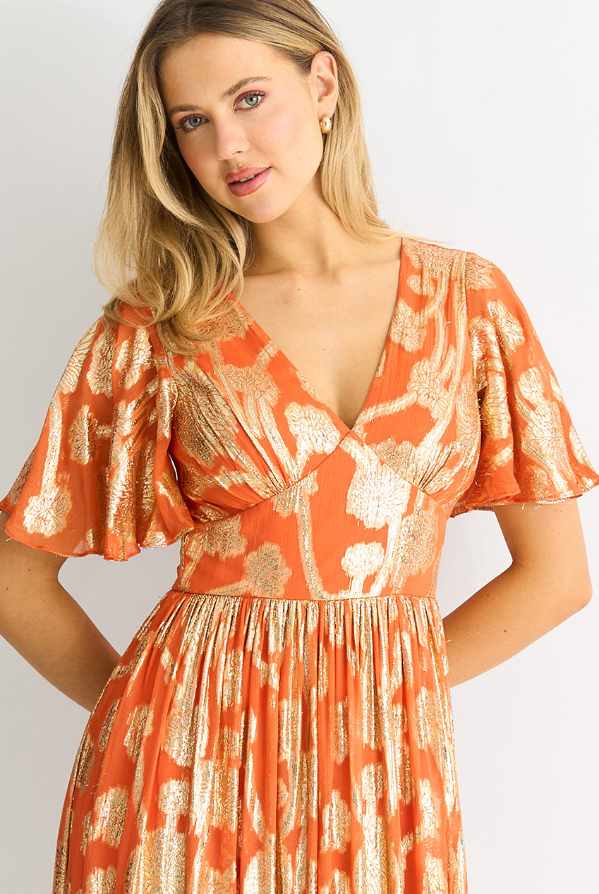 Orange Metallic Jacquard Flutter Sleeves Floral Maxi Dress GL1365A