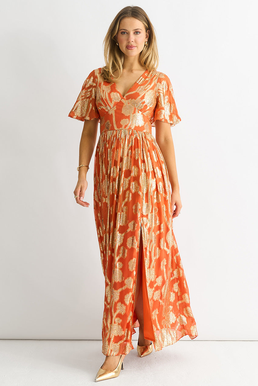 Orange Metallic Jacquard Flutter Sleeves Floral Maxi Dress GL1365A