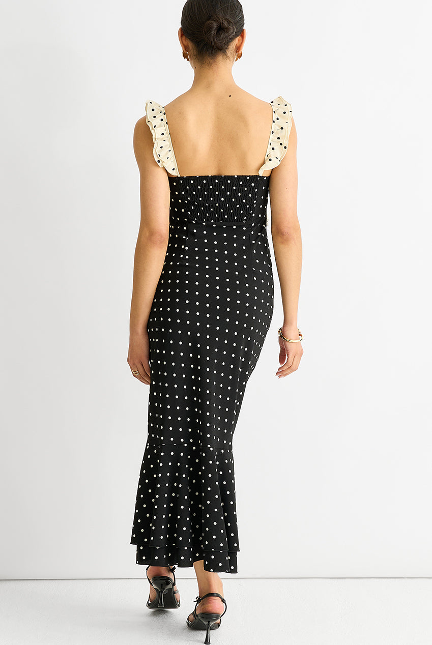 Black Spot Ruffle Bias Midi Dress GL1370