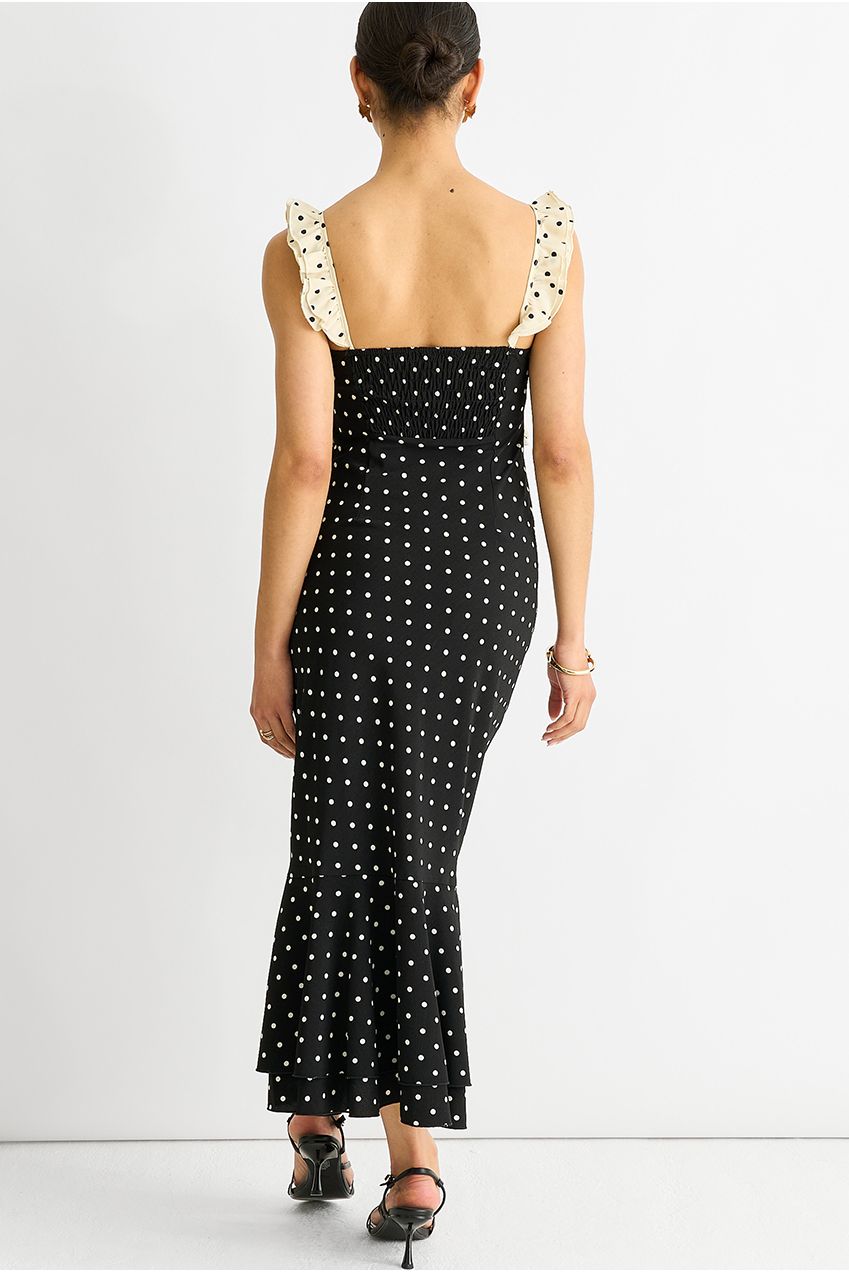 Black Spot Ruffle Bias Midi Dress GL1370