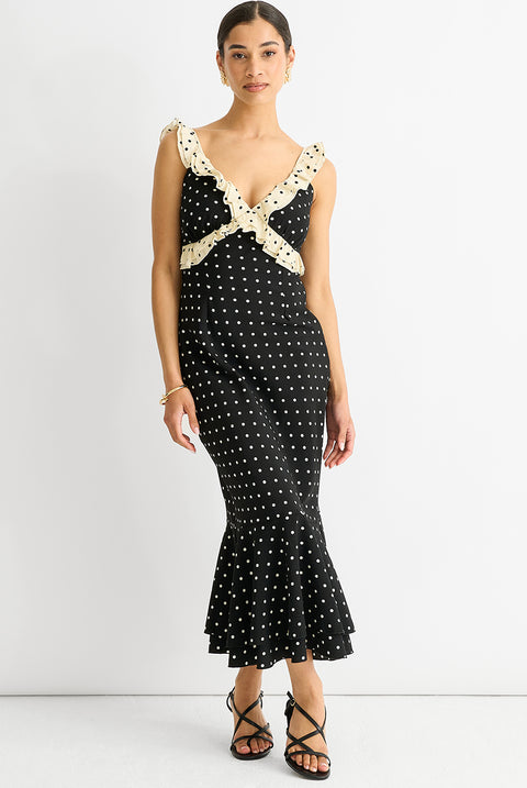 Black Spot Ruffle Bias Midi Dress by Gini London