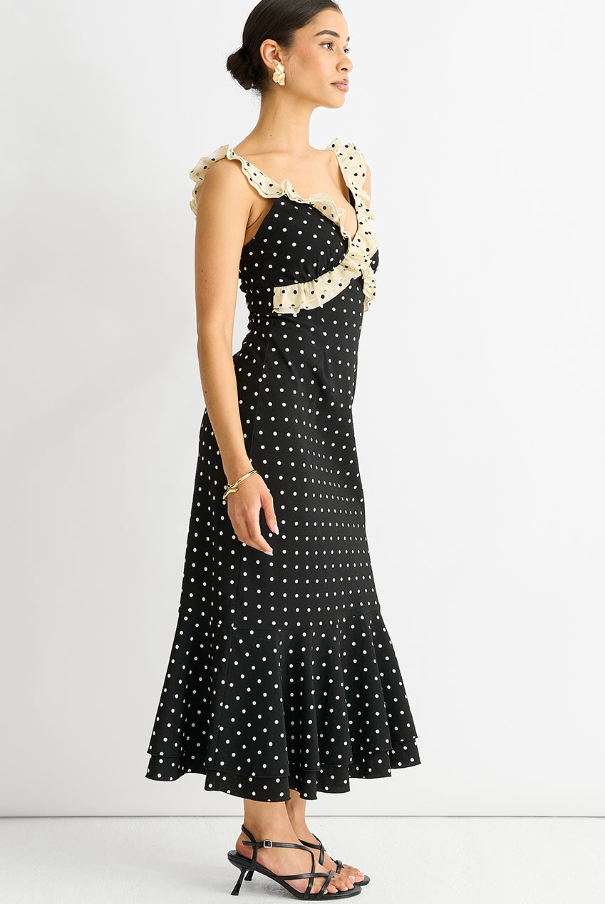 Black Spot Ruffle Bias Midi Dress GL1370
