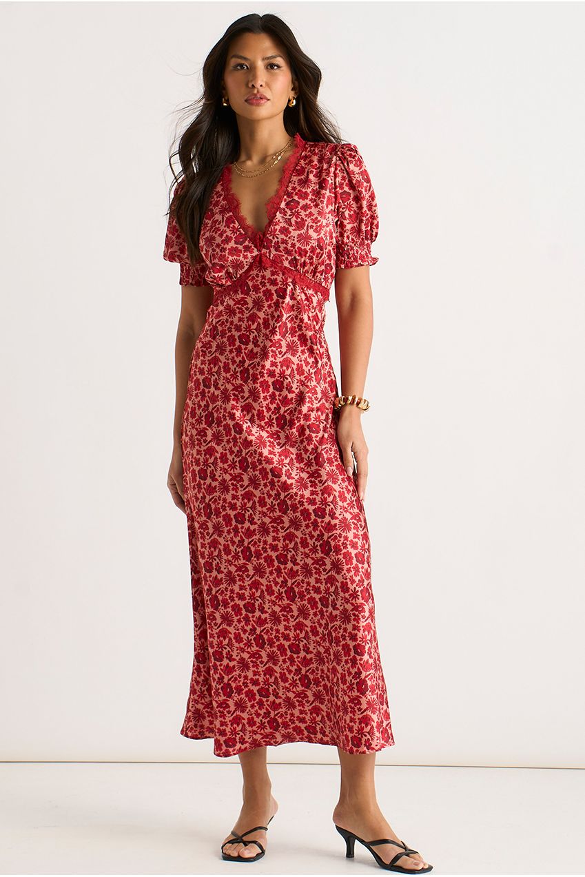 Red Floral Lace Trim V Neck Midi Dress GL1377
