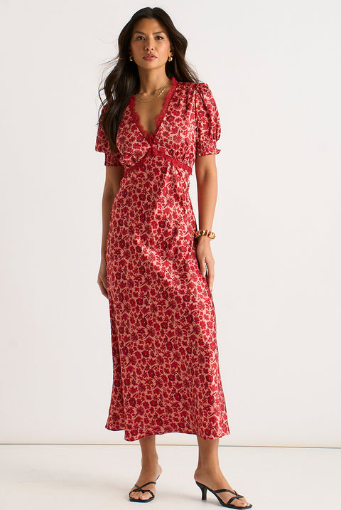 Red Floral Lace Trim V Neck Midi Dress by Gini London