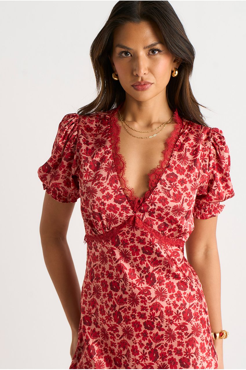 Red Floral Lace Trim V Neck Midi Dress GL1377