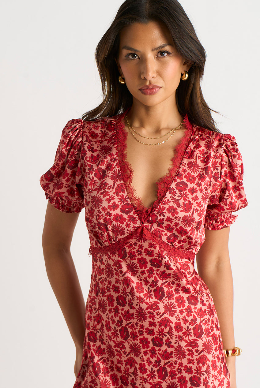 Red Floral Lace Trim V Neck Midi Dress GL1377