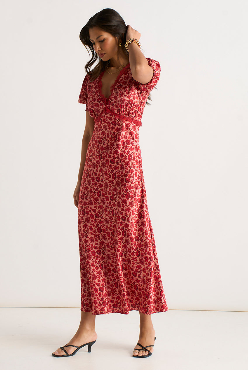 Red Floral Lace Trim V Neck Midi Dress GL1377