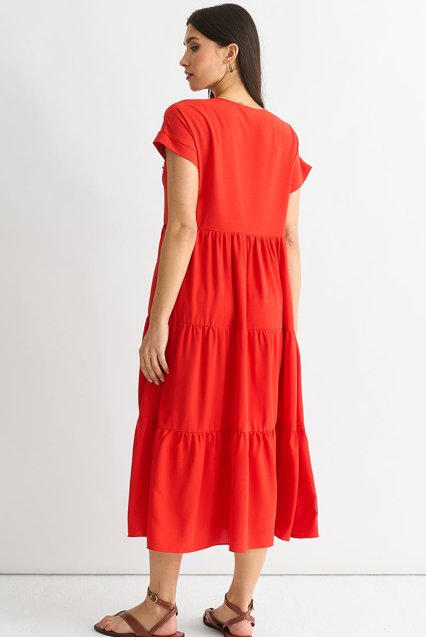 Red V Neck Pocket Smock Midi Dress GL1435