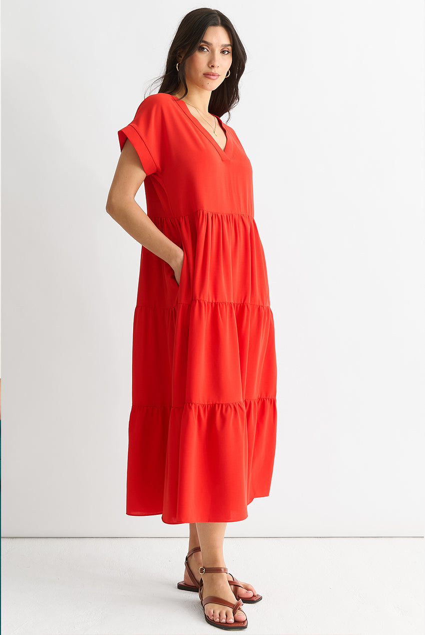 Red V Neck Pocket Smock Midi Dress GL1435