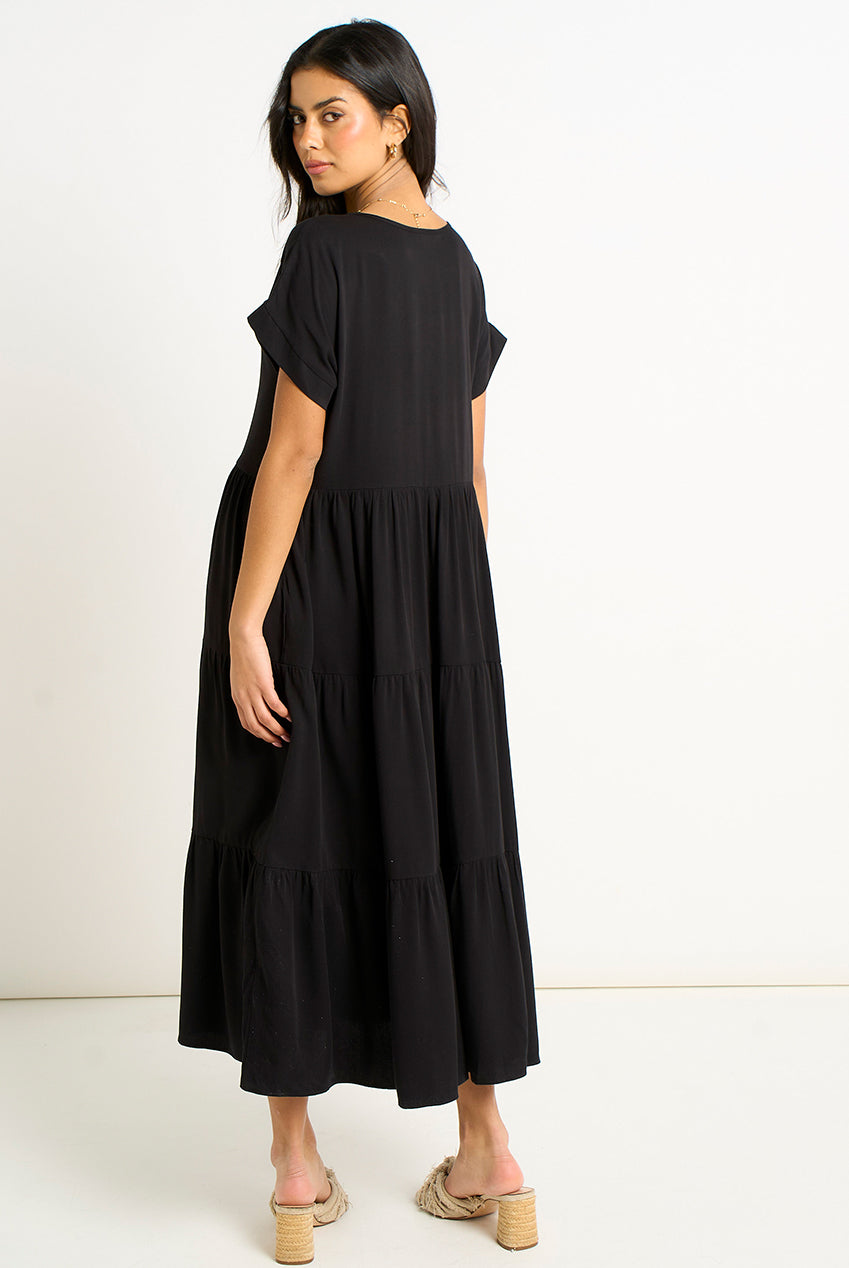 Black V Neck Pocket Smock Midi Dress GL1435N