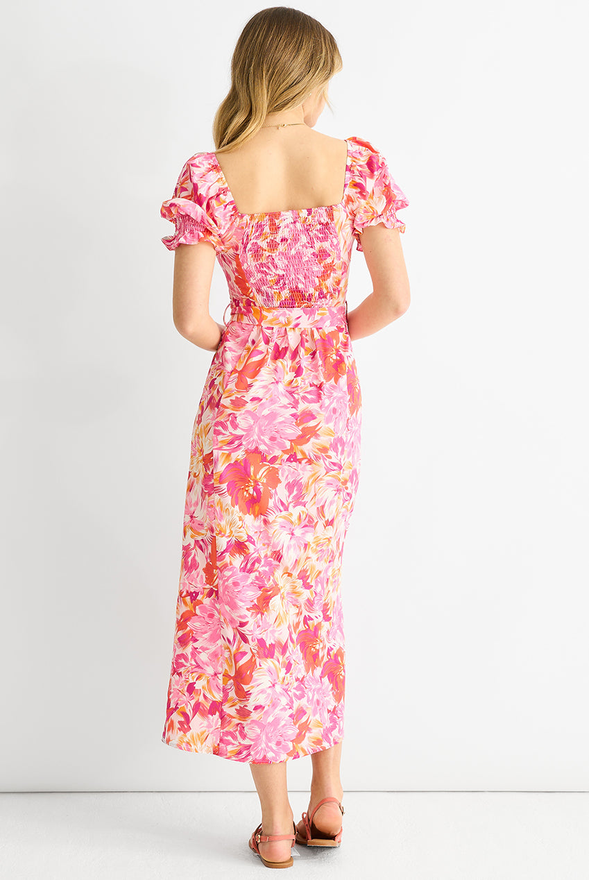 Pink Floral Puff Sleeves Belted Midi Dress GL1437