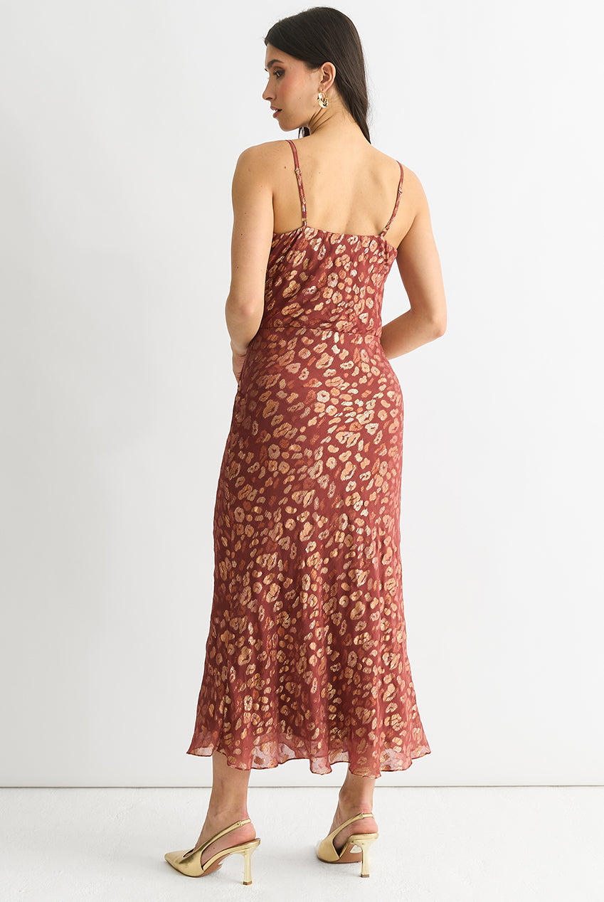 Brown Viscose Animal Jacquard Cowl Midi Dress GL1466